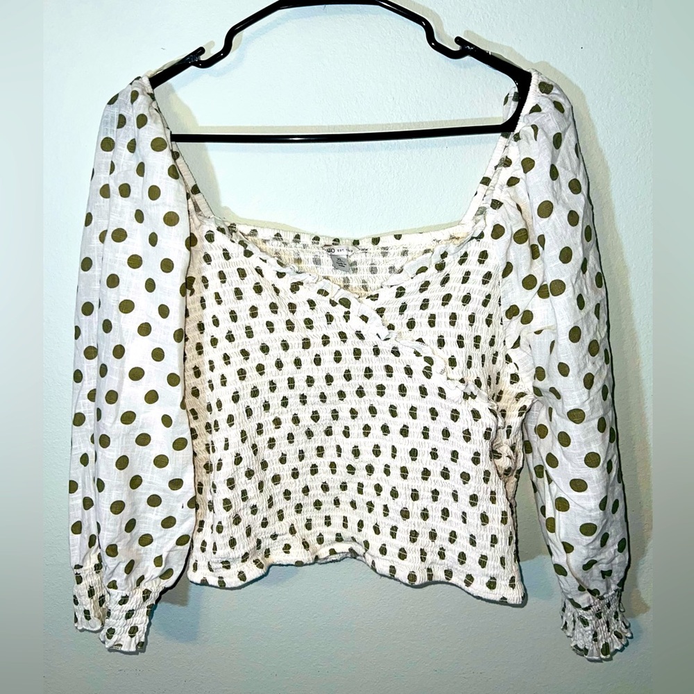 CATO Polka Dot Long Sleeve Green & White Smocked Cropped Blouse! Size XL. - Picture 11 of 11